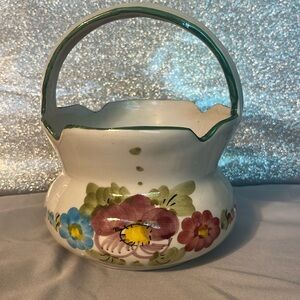 Vintage Hand Painted in Italy Floral Ceramic Basket I.C.A.P.